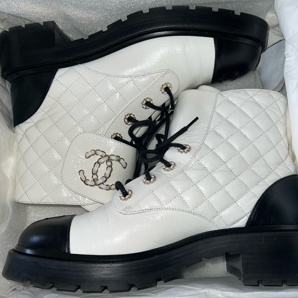 Chanel combat boots black and white